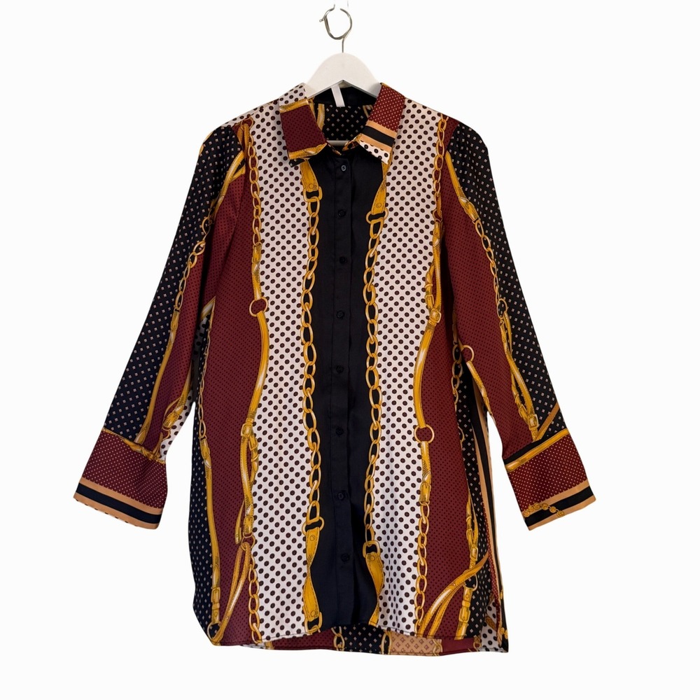 Zara Womens Scarf Print Longline Maximalist Button Down Shirt Tunic Size M Retro